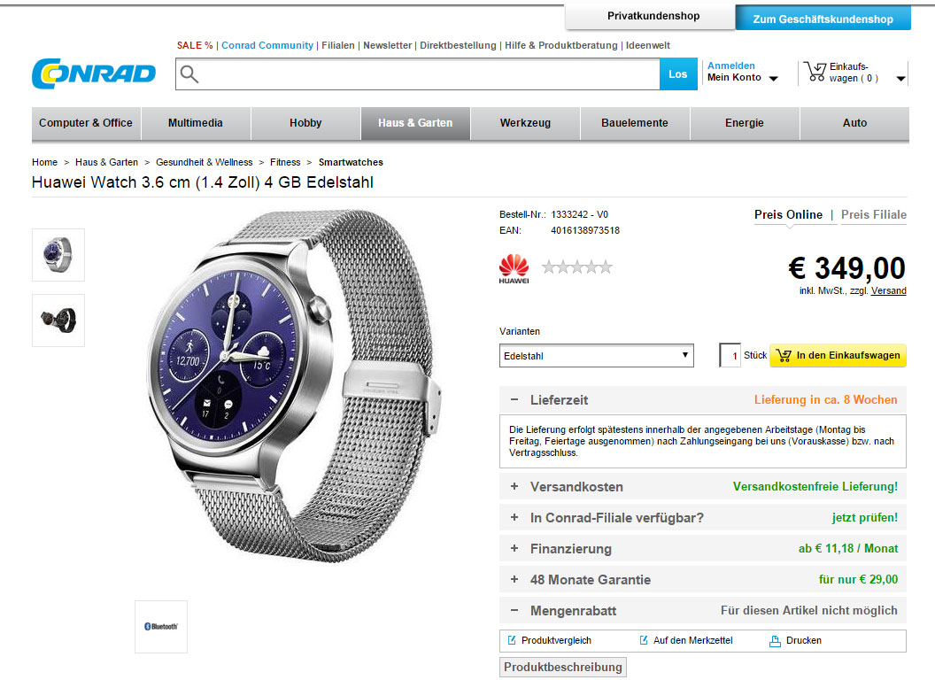 Prix de la Huawei Watch : 349 € ?