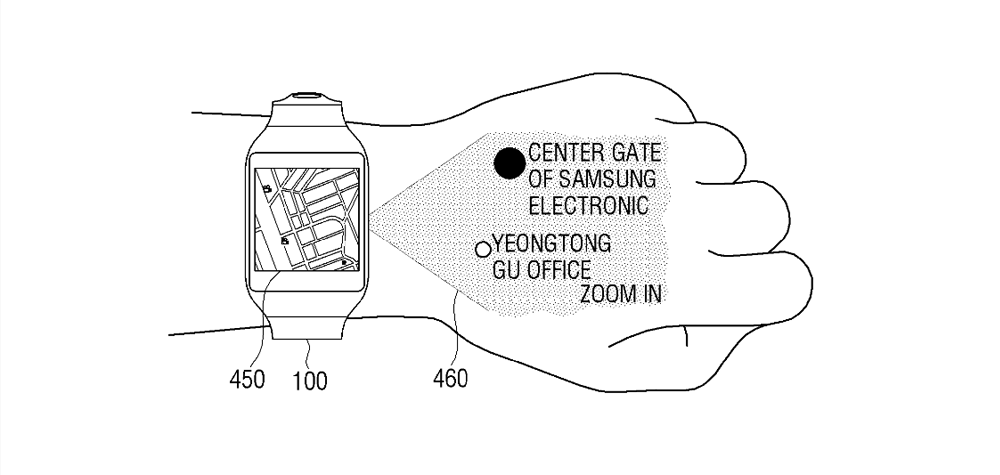 Une image du brevet de la montre connectée / projecteur de Samsung