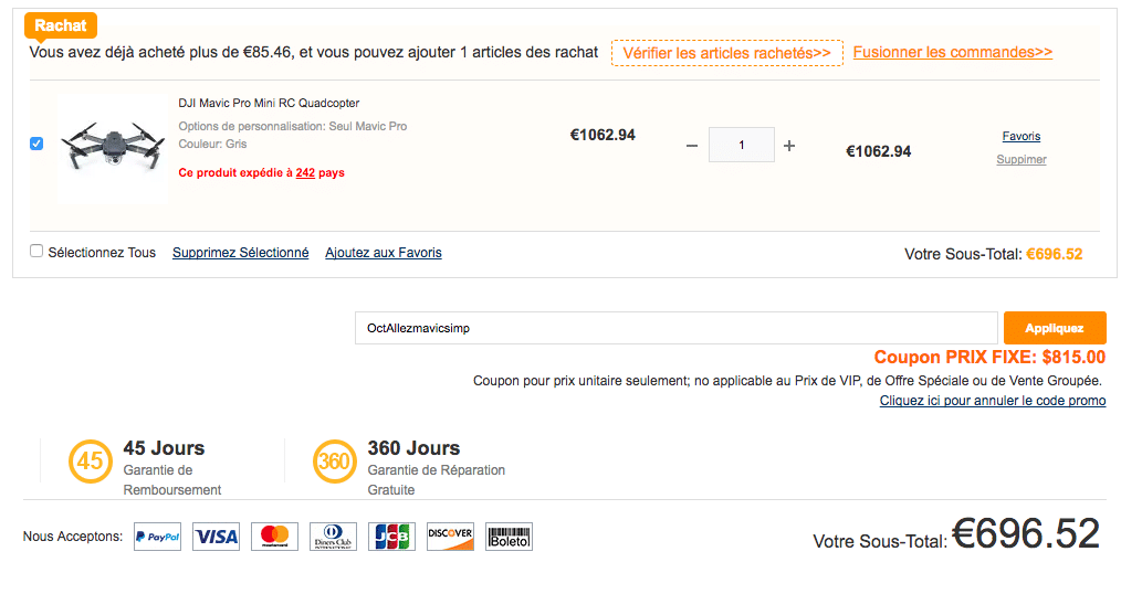 Le Mavic Pro à 696€ pour Black Friday chez Gearbest